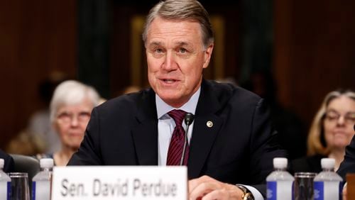 Sen. David Perdue, R-Ga., speaks during a Senate Judiciary Committee hearing for Colorado Supreme Court Justice Allison Eid, on her nomination to the U.S. Court of Appeals for the 10th Circuit, on Capitol Hill, Wednesday, Sept. 20, 2017 in Washington. (AP Photo/Alex Brandon)