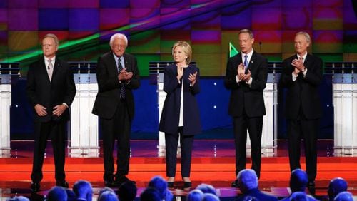 The five Democratic candidates for president at the first debate in Las Vegas. Two of them are now out of the race. AP Photo.