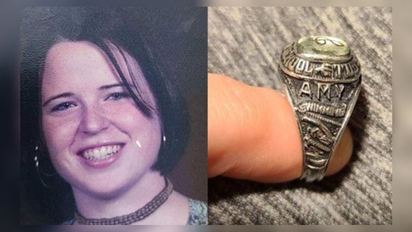 On the left is a photograph of Amy Goetz from high school at Collins Hill, while the picture on the right is her class ring, which was returned to her 18 years after she lost it in Florida.