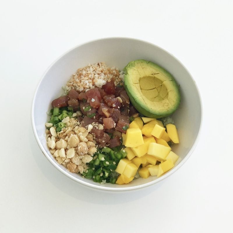 Upbeet’s Aloha Bowl has a base of green-tinted bamboo rice, plus mango, jalapenos, scallions, avocado, toasted coconut, macadamias, wild-caught tuna poke and ginger-miso dressing. CONTRIBUTED BY UPBEET
