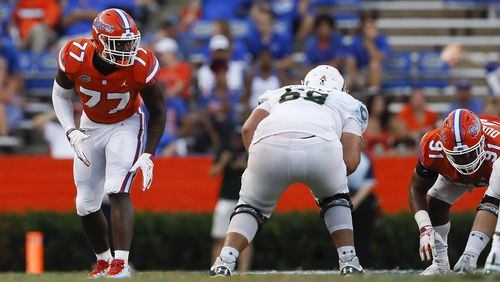 Florida defensive lineman Antonneous Clayton (77) lines up on the line of scrimmage against Colorado State Saturday, Sept. 15, 2018, in Gainesville, Fla.