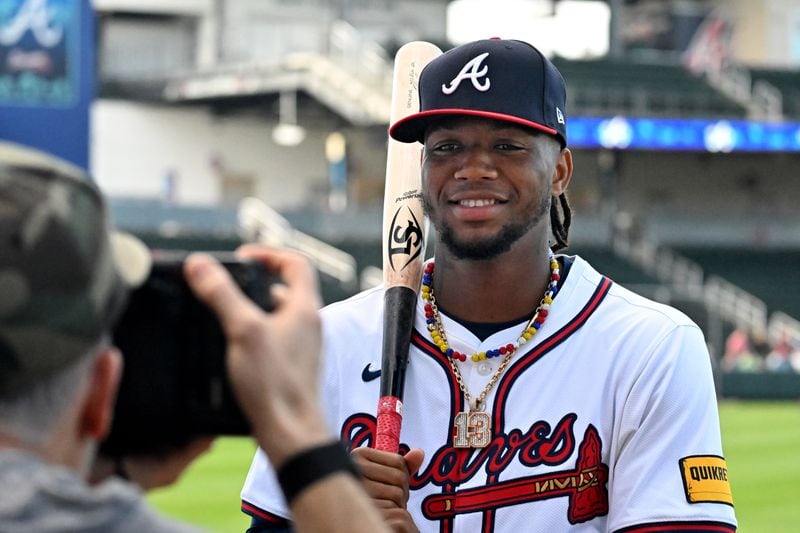 Atlanta Braves right fielder Ronald Acuna Jr. poses for Atlanta Braves team photographer Kevin D. Liles during the team's photo day at CoolToday Park, Friday, Feb. 23, 2024, in North Port, Florida. (Hyosub Shin / Hyosub.Shin@ajc.com)