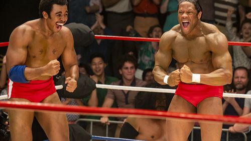 YOUNG ROCK -- "Unprecedented Fatherhood" Episode 201 -- Pictured: (l-r) Joseph Lee Anderson as Rocky Johnson, Antuone Torbert as Tony Atlas -- (Photo by: Mark Taylor/NBC)