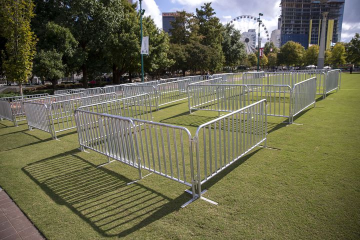Private pods are set-up for the Big Night Out concert series at Centennial Olympic Park in downtown Atlanta, on Thursday, October 22, 2020. Rival Entertainment is presenting the series in coordination with the Georgia World Congress Center Authority and will offer Atlanta fans an experience with private pods.  The Big Night Out will commandeer the downtown park with shows by Moon Taxi and Pigeons Playing Ping Pong (Oct. 23), Marcus King Trio and Futurebirds (Oct. 24) and Big Boi and Friends featuring KP the Great (Oct. 25). (Alyssa Pointer / Alyssa.Pointer@ajc.com)