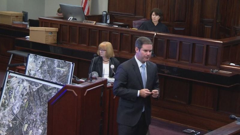 Prosecutor Chuck Boring begins his closing argument by repeating Justin Ross Harris' text about needing an escape, during Harris' murder trial at the Glynn County Courthouse in Brunswick, Ga., on Monday, Nov. 7, 2016. (screen capture via WSB-TV)