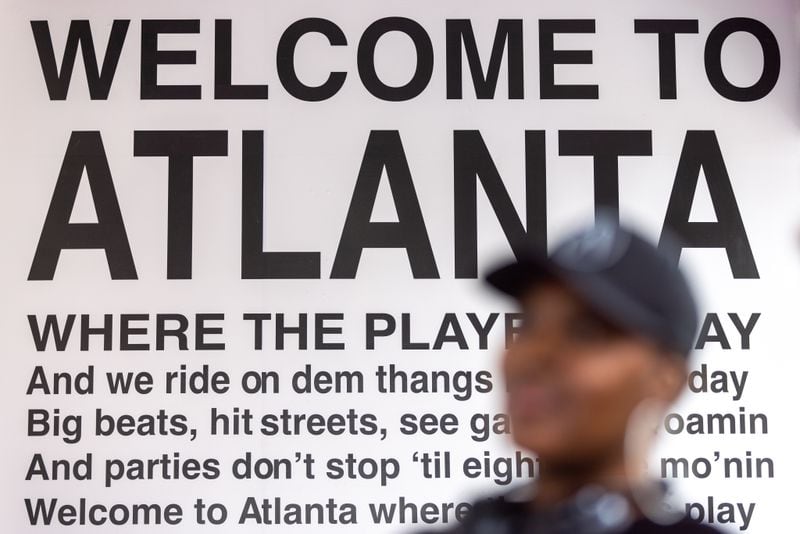 The lyrics to Jermaine Dupri’s “Welcome to Atlanta,” featuring Ludacris, are seen during a soft launch of a hip-hop pop-up experience at Underground Atlanta on Friday, September 1, 2023. Hip-hop celebrates its 50th anniversary this year. (Arvin Temkar / arvin.temkar@ajc.com)