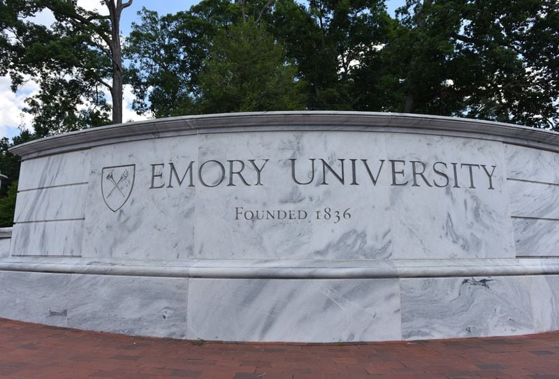 The main sign leading to Emory University’s campus in Atlanta’s Druid Hills neighborhood. HYOSUB SHIN / HSHIN@AJC.COM