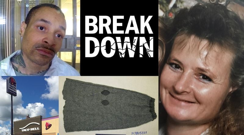 Clockwise from top left: Devonia Inman, who is in prison for murder; Donna Brown, the woman he was convicted of killing; the mask that was discovered in Brown's car after the killer stole and then abandoned the vehicle; and the Taco Bell outside which Donna Brown was shot.