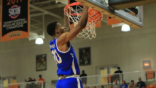 Georgia State's Nelson Phillips scores on a slam dunk in the Panthers' loss to Mercer in Macon on Dec. 4, 2021. Phillips scored 19 points in the 83-77 loss. (Daniel Wilson photo/Courtesy of Georgia State Athletics)