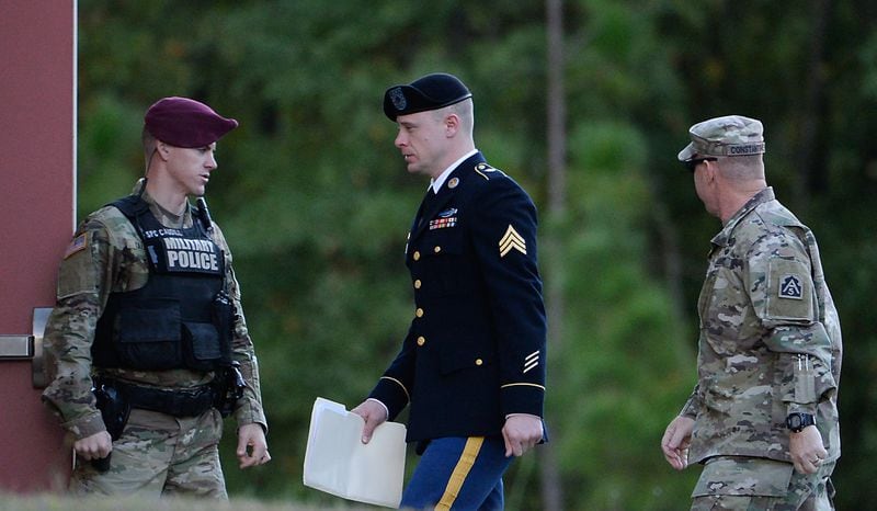 FORT BRAGG, NC - OCTOBER 30: U.S. Army Sgt. Robert Bowdrie 'Bowe' Bergdahl, 31 of Hailey, Idaho, (C) is escorted into the Ft. Bragg military courthouse for his sentencing hearing on October 30, 2017 in Ft. Bragg, North Carolina. Bergdahl pled guilty to desertion and misbehavior before the enemy stemming from his decision to leave his outpost in 2009, which landed him five years in Taliban captivity.    (Photo by Sara D. Davis/Getty Images)
