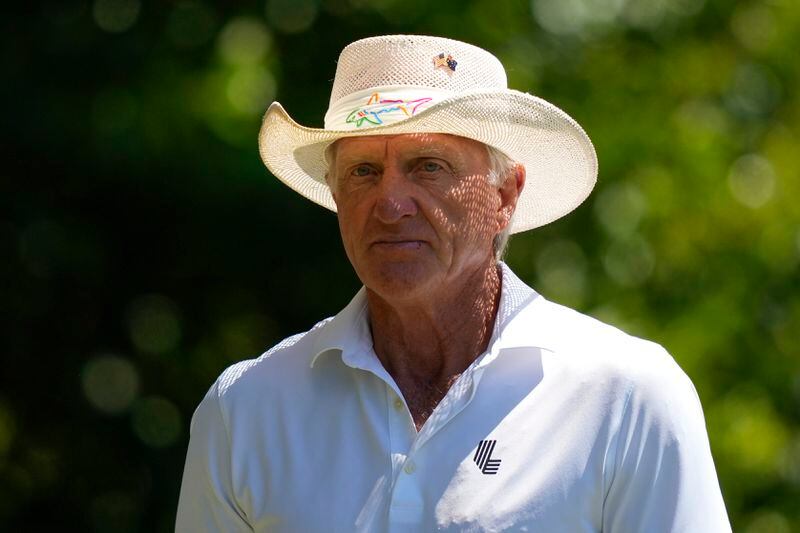 Greg Norman watches on the fourth hole during second round at the Masters golf tournament at Augusta National Golf Club Friday, April 12, 2024, in Augusta, Ga. (AP Photo/Matt Slocum)