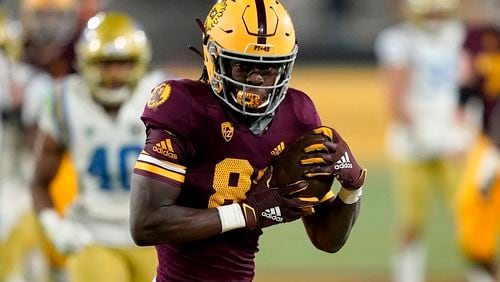 Arizona State wide receiver Frank Darby (84) against UCLA during the second half of an NCAA college football game, Saturday, Dec. 5, 2020, in Tempe, Ariz. UCLA won 25-18. (AP Photo/Matt York)