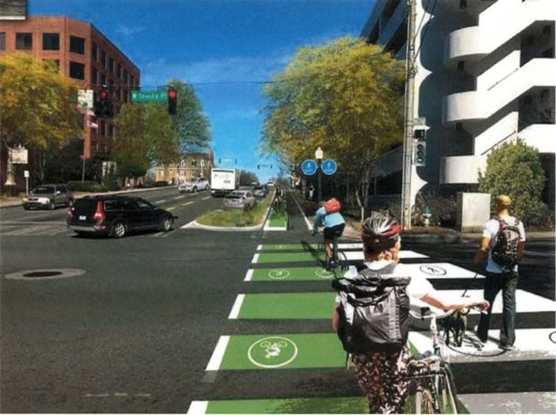 The “Commerce Drive Cycle Track,” good for those who may want to bike, not so good for those driving in and out of Decatur. (Rendering courtesy of the Decatur City Commission Agenda)