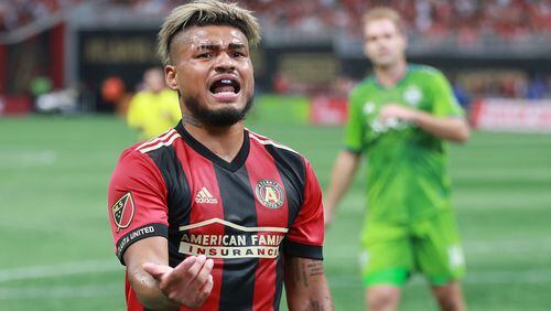 Atlanta United’s Josef Martinez reacts to a call against him team while playing the Seattle Sounders during the first half in a MLS soccer game on Sunday, July 15, 2018, in Atlanta.     Curtis Compton/ccompton@ajc.com