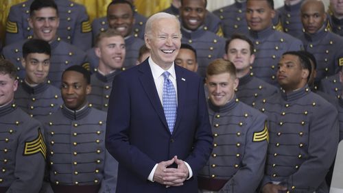 President Joe Biden speaks during an event to present the Commander-in-Chief's Trophy to the United States Military Academy Army Black Knights during an event in the East Room of the White House, Monday, May 6, 2024, in Washington. (AP Photo/Evan Vucci)