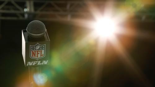 A detail view of the NFL Shield logo on a microphone during a press conference at the NFL football scouting combine, Wednesday, Feb. 26, 2020, in Indianapolis.