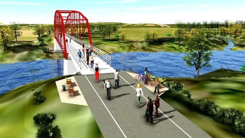 Artist’s drawing depicts a restored Rogers Bridge over the Chattahoochee River, connecting Johns Creek and Duluth. Johns Creek has agreed to accept an additional $160,000 and match it with $10,000 in city funds for the engineering phase of the project. CITY OF JOHNS CREEK