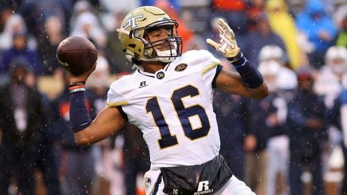 CHARLOTTESVILLE, VA - NOVEMBER 4: TaQuon Marshall #16 of the Georgia Tech Yellow Jackets throws a pass in the first quarter during a game against the Virginia Cavaliers at Scott Stadium on November 4, 2017 in Charlottesville, Virginia. (Photo by Ryan M. Kelly/Getty Images)