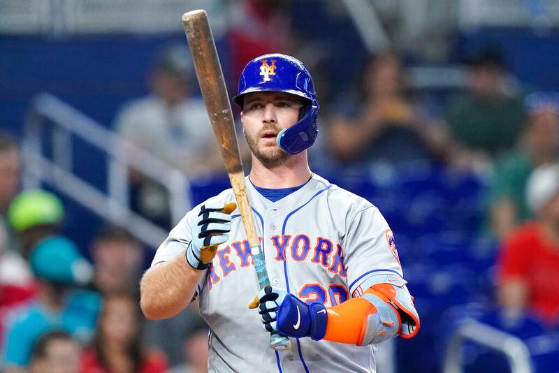 New York Mets' Pete Alonso prepares to bat during the first inning of a baseball game against the Miami Marlins, Sunday, June 26, 2022, in Miami. (AP Photo/Lynne Sladky)