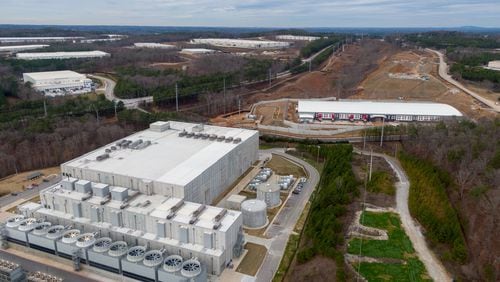 Aerial photo of new expansion of Douglas County Google Data Center (foreground) and construction site of the new data center Switch (background) in Lithia Springs on Friday, January 17, 2020. (Hyosub Shin / Hyosub.Shin@ajc.com)