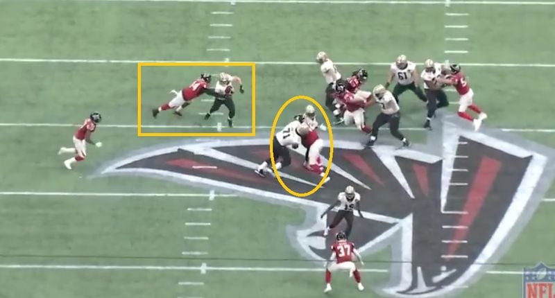 Falcons defensive end Vic Beasley missed his shot at Saints backup quarterback Taysom Hill, who was in the game to run the ball. Free safety Damontae Kazee missed, too. Linebacker Duke Riley got sealed inside on a double-team block. Hill rambled for a 35-yard gain.