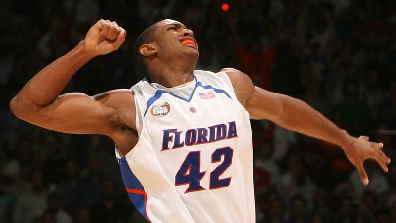 Florida's Al Horford celebrates in the Final Four semifinal at the Georgia Dome on Monday, April 2, 2007. (Brant Sanderlin / AJC staff)