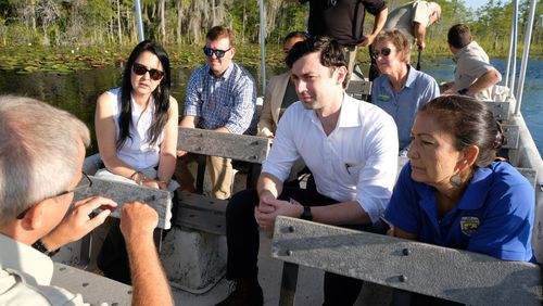U.S. Secretary of the Interior Deb Haaland and Sen. Jon Ossoff visit the Okefenokee Swamp on Friday, Sept. 16, 2022.