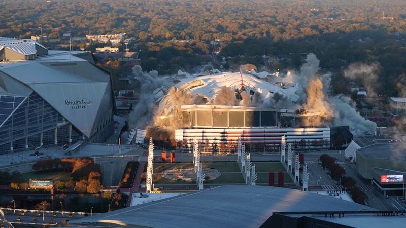 Explosives bring down the Georgia Dome Monday, Nov. 20, 2017, in Atlanta.