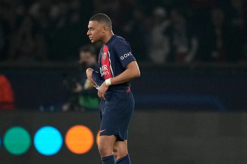 PSG's Kylian Mbappe reacts after the Champions League semifinal second leg soccer match between Paris Saint-Germain and Borussia Dortmund at the Parc des Princes stadium in Paris, France, Tuesday, May 7, 2024. (AP Photo/Christophe Ena)