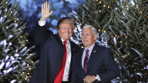 President-elect Donald Trump takes the stage with Vice President-elect Mike Pence during a rally in Orlando, Fla., Friday night, Dec. 16, 2016. (Joe Burbank/Orlando Sentinel via AP)