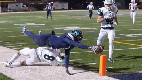 Friday Night football: Creekview free safety Cale Williams (8) forces Harrison running back James Ziglor III (1) out of bounds at the endzone early in the first half of Friday's game at Harrison. (Daniel Varnado/Special)