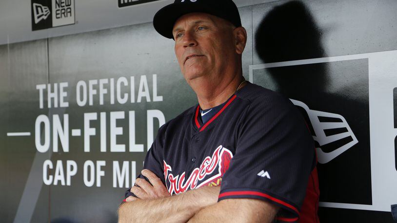 Brian Snitker talks to reporters in Pittsburgh on May 17, the day he took over as Braves interim manager. (AP Photo/Gene J. Puskar)
