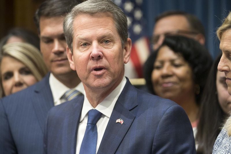 Gov. Brian Kemp speaks during a new conference for the signing of HB 481, known as the “heartbeat” bill, at the Georgia State Capitol building in Atlanta on May 7, 2019. (Alyssa Pointer / AJC)