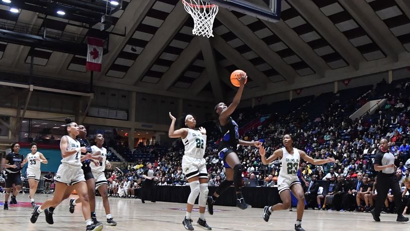 Westlake's Raven Johnson (25) goes to the basket for a shot during 2020 GHSA State Basketball Class Championship game at the Macon Centreplex in Macon on Saturday, March 7, 2020. Westlake won 72-53 over Collins Hill. (Hyosub Shin / Hyosub.Shin@ajc.com)
