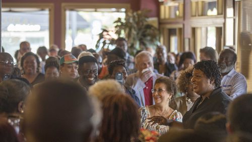 Stacey Abrams speaks to a crowed gathered at Nabila's Graden restaurant in Fitzgerald, Georgia, Thursday, August 23, 2018. (ALYSSA POINTER/ALYSSA.POINTER@AJC.COM)