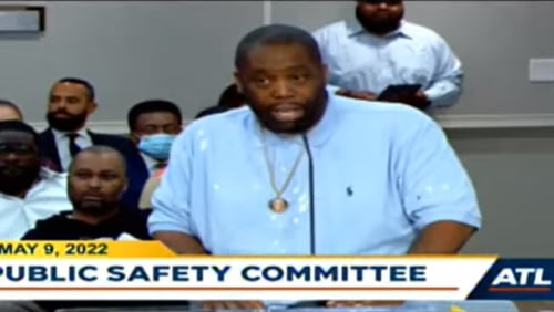 Rapper Killer Mike, whose real name is Michael Render, speaks during Monday's public safety committee meeting in the Atlanta City Council.