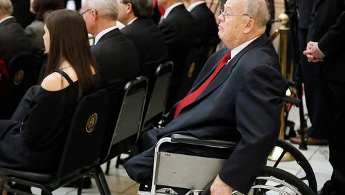 Former U.S. senator Max Cleland, at the state Capitol memorial service for former Gov. Zell Miller in March. BOB ANDRES /BANDRES@AJC.COM