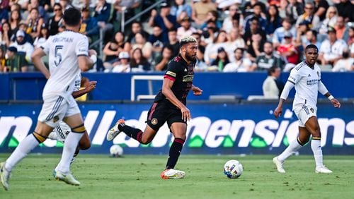 Atlanta United's George Campbell dribbles the ball during the first half of the match against the L.A. Galaxy on Sunday night in Carson, Calif. (Photo by Dakota Williams/Atlanta United)