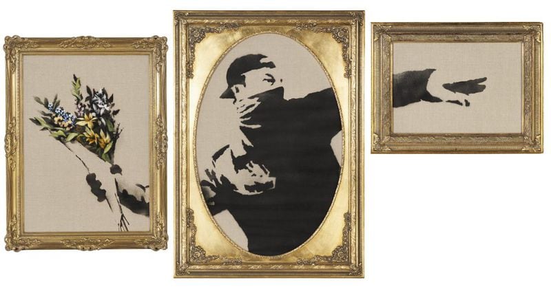 Banksy's "Flower Thrower Triptych" fetched $1.9 million from Elton John's live auction Feb. 21, 2024. CHRISTIE'S
