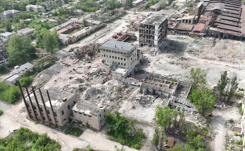 This photo taken from a drone video provided by Ukraine Patrol Police, shows devastation in Chasiv Yar, an eastern Ukrainian city Russia is assaulting, Ukraine, Monday, April 29, 2024. The footage shows the community of Chasiv Yar - which is set amid green fields and woodland - reduced to a skeletal ghost town with few residents left. The apocalyptic scene is reminiscent of the cities of Bakhmut and Avdiivka, which Ukraine yielded after months of bombardment and huge losses for the Kremlin’s forces. (Ukraine Patrol Police via AP)