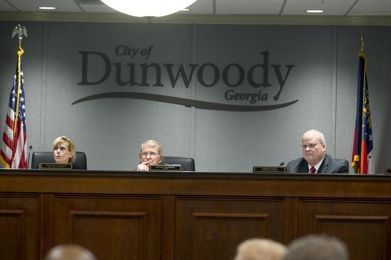 Members of the Dunwoody City Council listen to citizens during a meeting on Monday, June, 10, 2019. (Alyssa Pointer/alyssa.pointer@ajc.com)