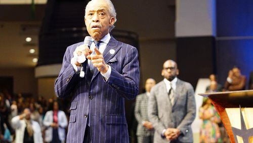 The Rev. Al Sharpton appeard at New Birth Missionary Baptist Church on Sunday, January 19, 2019, speaking of dreams, civil rights and the Bible. Behind him is the pastor, the Rev. Jamal Bryant. (Photo courtesy of New Birth Missionary Baptist Church)