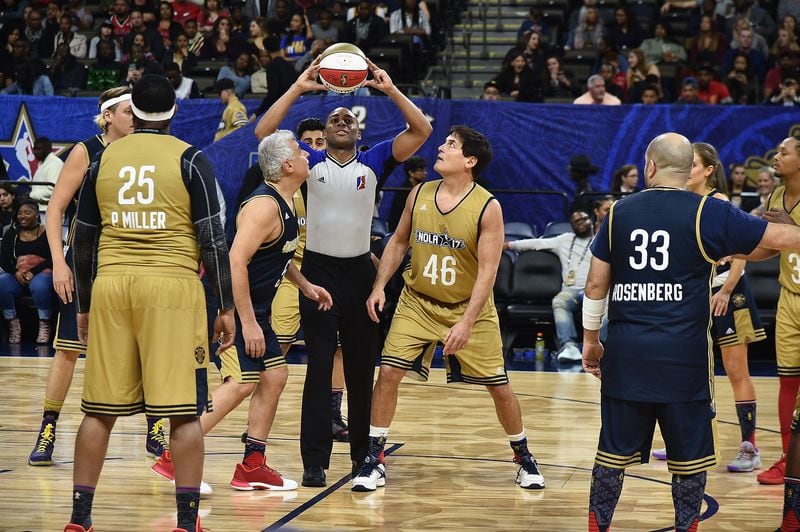 Marc Lasry and Mark Cuban (#46) face off during the 2017 NBA All-Star Celebrity Game at Mercedes-Benz Superdome on February 17 in New Orleans, Louisiana.