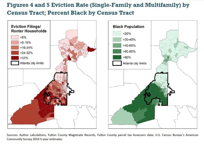  Predominantly black neighborhoods have Fulton County's highest eviction rates, according to research released by Atlanta's Federal Reserve.