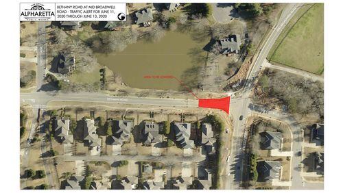 Map depicts where Bethany Road in Alpharetta will be reduced to one lane in each direction as crews lower the roadway as part of the Bethany-Mid Broadwell Road roundabout project. CITY OF ALPHARETTA