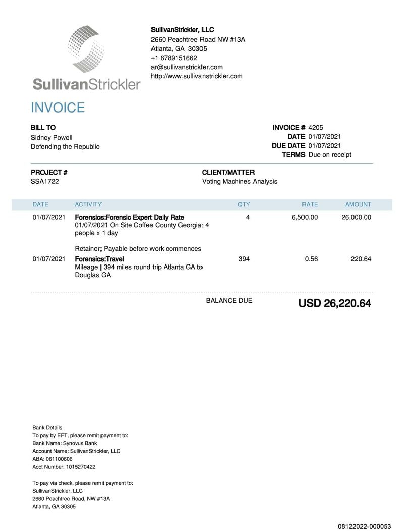 Atlanta tech firm SullivanStrickler billed Sidney Powell's organization, Defending the Republic, over $26,000 for copying election data in Coffee County on Jan. 7, 2021.