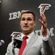 Atlanta Falcons quarterback Kirk Cousins answers questions during his introductory press conference at the Falcons practice facility in Flowery Branch on Wednesday, March 13, 2024. (Miguel Martinez/miguel.martinezjimenez@ajc.com)