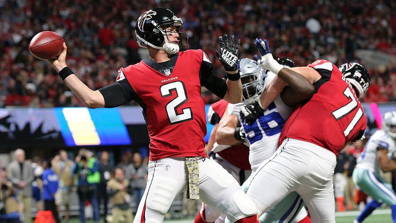 Falcons Matt Ryan completes a pass against the Cowboys during the first half in a NFL football game on Sunday, November 12, 2017, in Atlanta.    Curtis Compton/ccompton@ajc.com