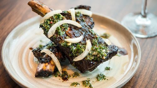Arnette's Chop Shop Wagyu Beef Ribs hot appetizer, with Worcestershire sauce and chimichurri.