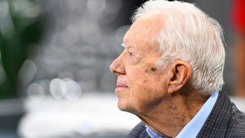 Former president Jimmy Carter prior to the game between the Atlanta Falcons and the Cincinnati Bengals at Mercedes-Benz Stadium in Atlanta on September 30, 2018. (Photo by Scott Cunningham/Getty Images/TNS)